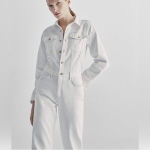 MASSIMO DUTTI STRAIGHT FIT CREAM DENIM JUMPSUIT WITH TOPSTITCHING WOMENS LARGE